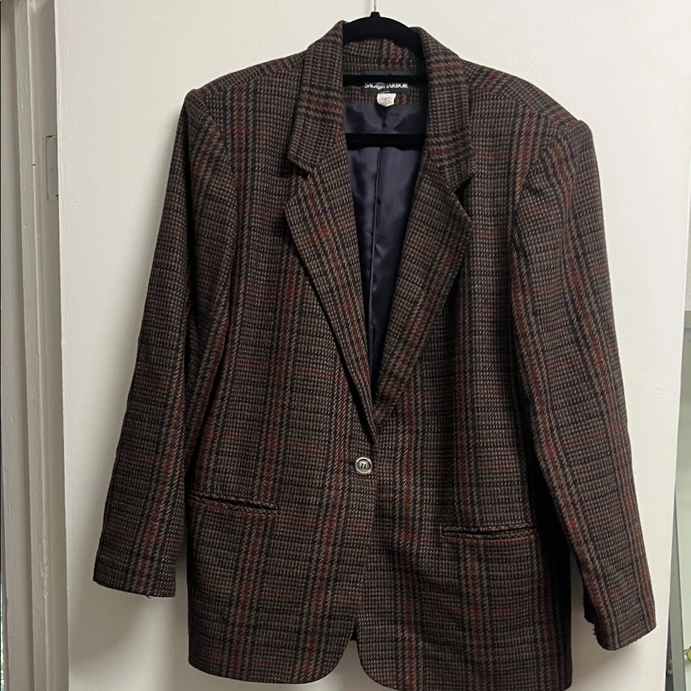 Sag Harbor Brown Navy Burgundy Houndstooth Wool Plaid Blazer XL